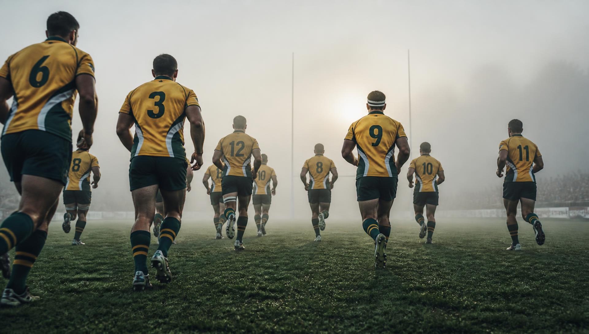 Rugby league players in green and gold jerseys running onto a misty field at dawn