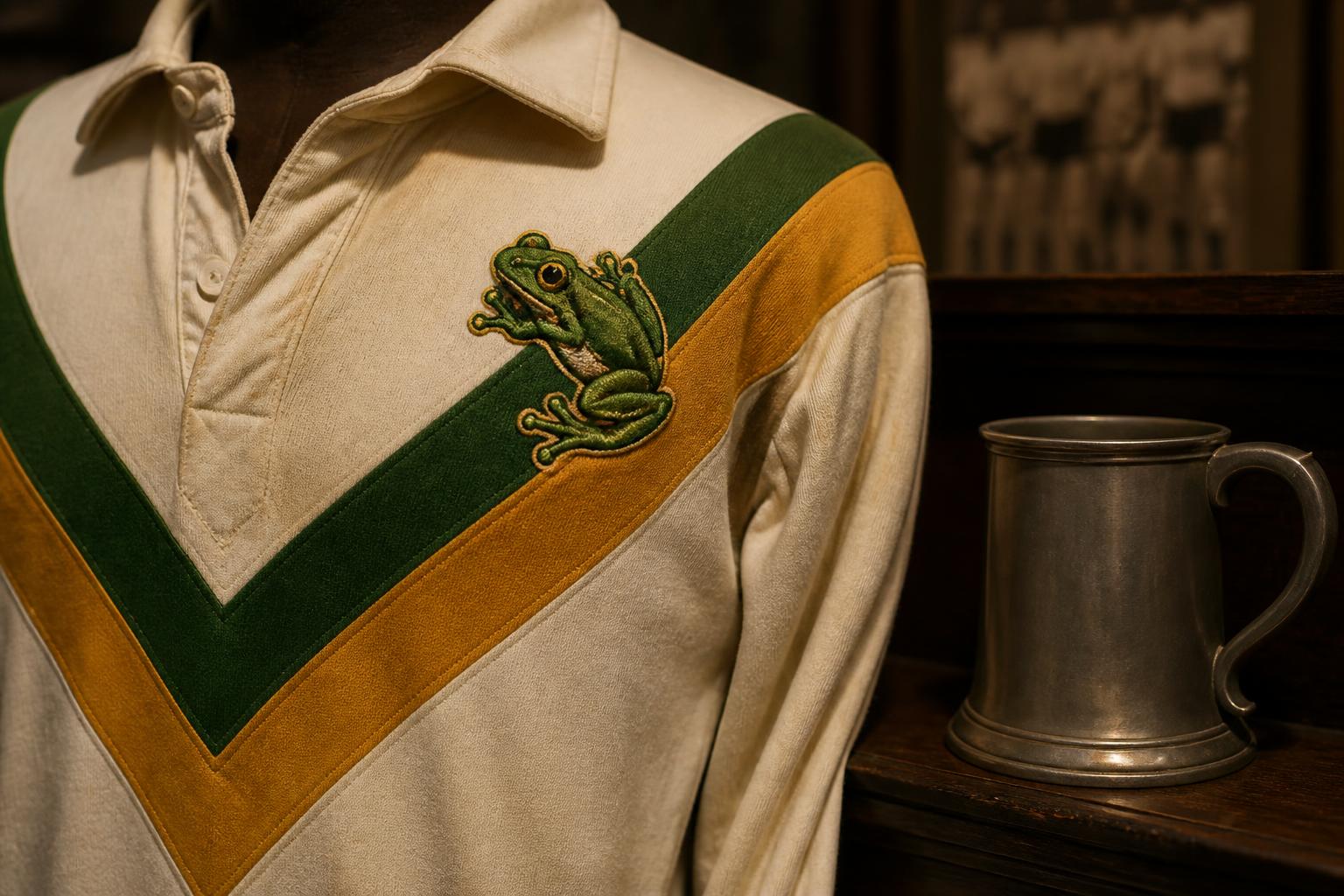 White 2006 jersey with green-and-gold chevrons and cartoon tree frog badge beside a pewter tankard